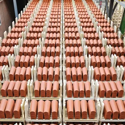 Stacked clay roof tiles in warehouse rows