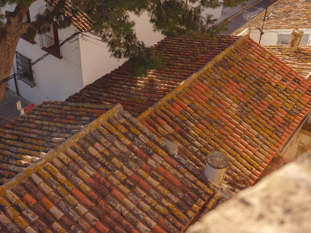 moss covered terracotta roof tiles village