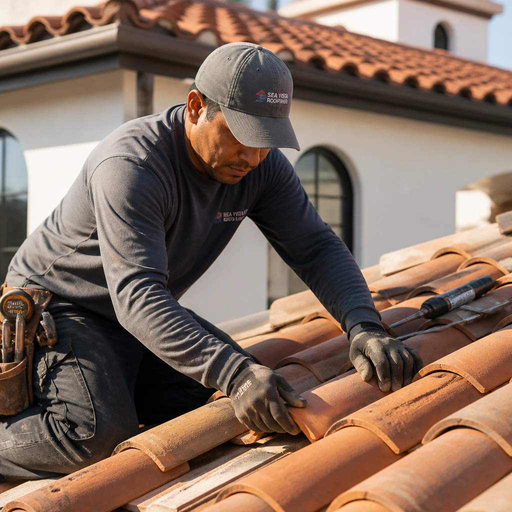 Roofer installing clay tiles on house roof