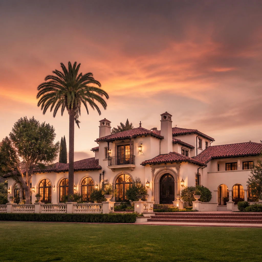 Mediterranean villa sunset palm trees luxury